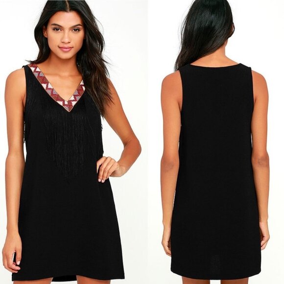NWT Revolve BB Dakota Black Aztec Fringe Shift Dress Size Small New Bohemian S - Picture 1 of 10